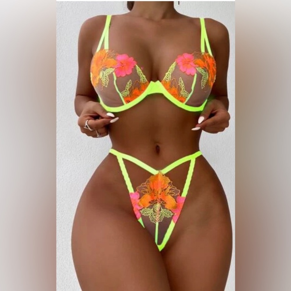 Embroidered Mesh Lingerie Set